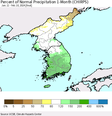 Korea Percent of Normal Precipitation 1-Month (CHIRPS) Thematic Map For 1/11/2024 - 2/10/2024