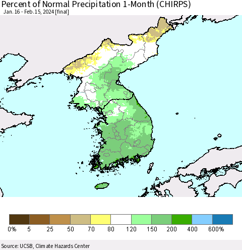 Korea Percent of Normal Precipitation 1-Month (CHIRPS) Thematic Map For 1/16/2024 - 2/15/2024