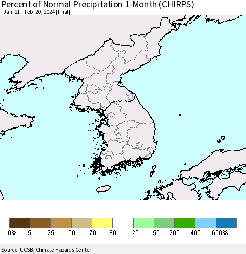 Korea Percent of Normal Precipitation 1-Month (CHIRPS) Thematic Map For 1/21/2024 - 2/20/2024