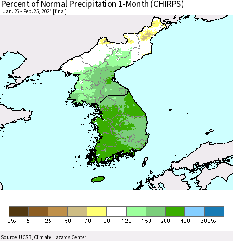 Korea Percent of Normal Precipitation 1-Month (CHIRPS) Thematic Map For 1/26/2024 - 2/25/2024
