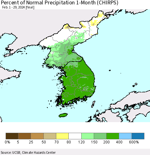 Korea Percent of Normal Precipitation 1-Month (CHIRPS) Thematic Map For 2/1/2024 - 2/29/2024