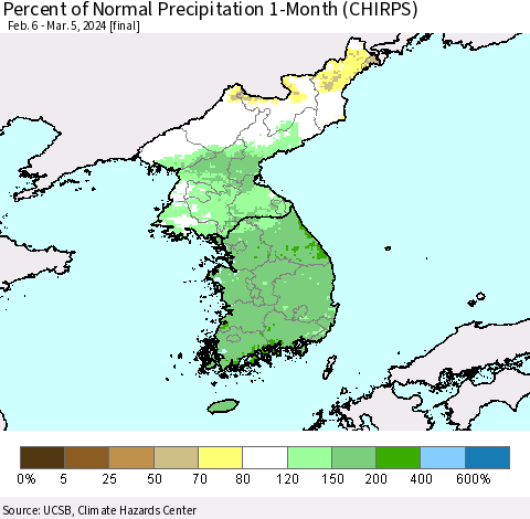Korea Percent of Normal Precipitation 1-Month (CHIRPS) Thematic Map For 2/6/2024 - 3/5/2024