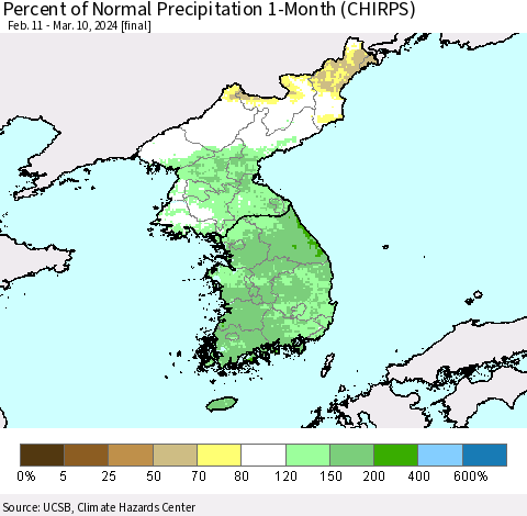 Korea Percent of Normal Precipitation 1-Month (CHIRPS) Thematic Map For 2/11/2024 - 3/10/2024
