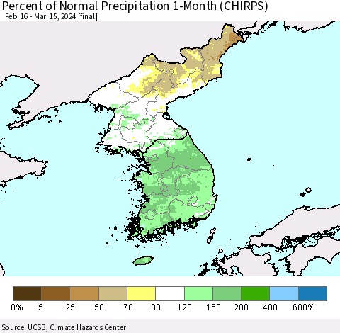 Korea Percent of Normal Precipitation 1-Month (CHIRPS) Thematic Map For 2/16/2024 - 3/15/2024