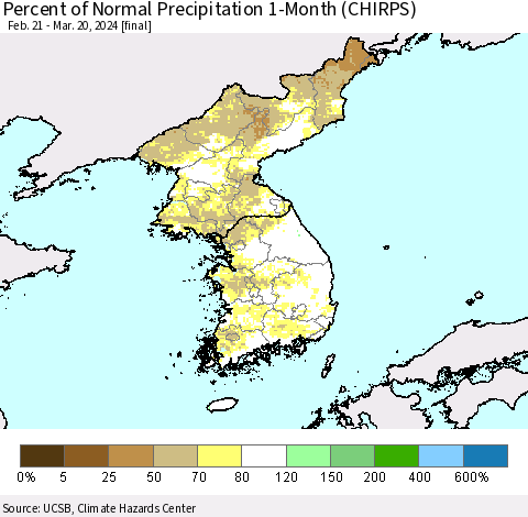Korea Percent of Normal Precipitation 1-Month (CHIRPS) Thematic Map For 2/21/2024 - 3/20/2024