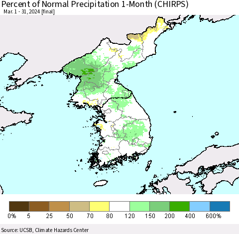 Korea Percent of Normal Precipitation 1-Month (CHIRPS) Thematic Map For 3/1/2024 - 3/31/2024