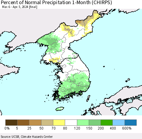 Korea Percent of Normal Precipitation 1-Month (CHIRPS) Thematic Map For 3/6/2024 - 4/5/2024