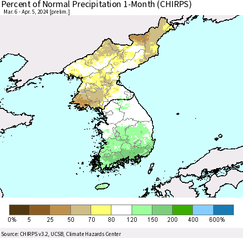 Korea Percent of Normal Precipitation 1-Month (CHIRPS) Thematic Map For 3/6/2024 - 4/5/2024