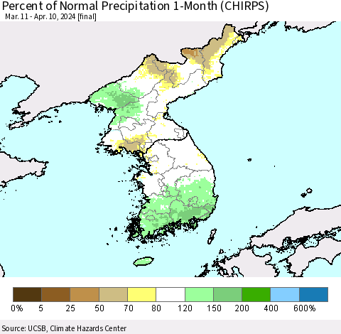 Korea Percent of Normal Precipitation 1-Month (CHIRPS) Thematic Map For 3/11/2024 - 4/10/2024