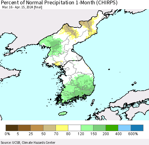 Korea Percent of Normal Precipitation 1-Month (CHIRPS) Thematic Map For 3/16/2024 - 4/15/2024