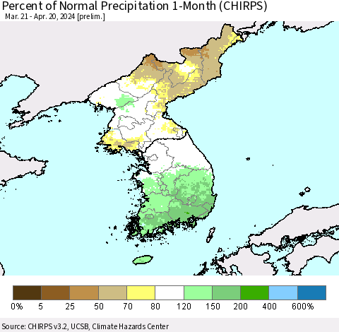Korea Percent of Normal Precipitation 1-Month (CHIRPS) Thematic Map For 3/21/2024 - 4/20/2024