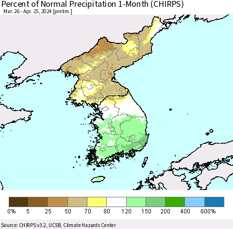 Korea Percent of Normal Precipitation 1-Month (CHIRPS) Thematic Map For 3/26/2024 - 4/25/2024