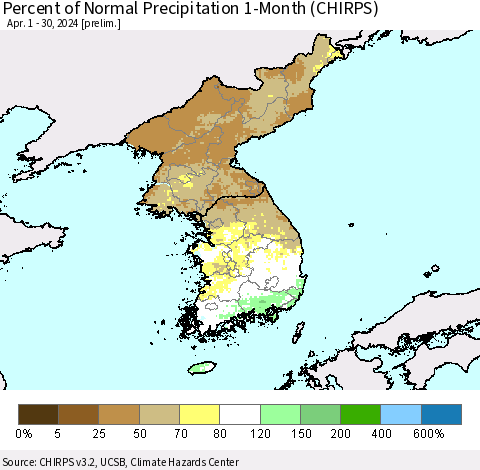 Korea Percent of Normal Precipitation 1-Month (CHIRPS) Thematic Map For 4/1/2024 - 4/30/2024