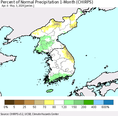 Korea Percent of Normal Precipitation 1-Month (CHIRPS) Thematic Map For 4/6/2024 - 5/5/2024