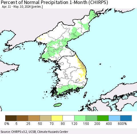 Korea Percent of Normal Precipitation 1-Month (CHIRPS) Thematic Map For 4/11/2024 - 5/10/2024