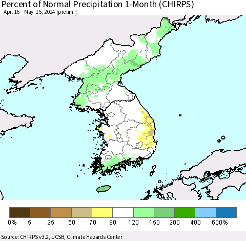 Korea Percent of Normal Precipitation 1-Month (CHIRPS) Thematic Map For 4/16/2024 - 5/15/2024