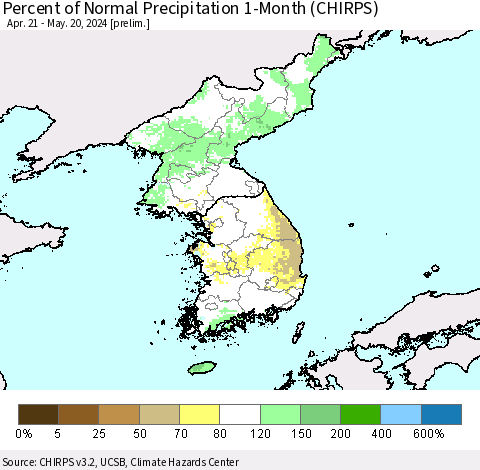 Korea Percent of Normal Precipitation 1-Month (CHIRPS) Thematic Map For 4/21/2024 - 5/20/2024