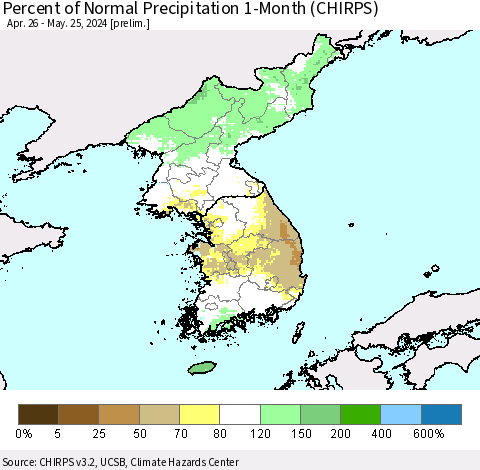 Korea Percent of Normal Precipitation 1-Month (CHIRPS) Thematic Map For 4/26/2024 - 5/25/2024