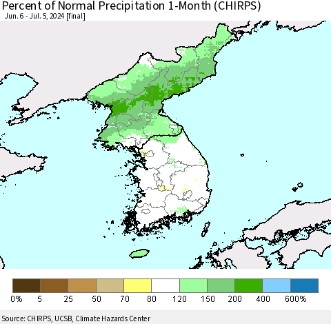 Korea Percent of Normal Precipitation 1-Month (CHIRPS) Thematic Map For 6/6/2024 - 7/5/2024