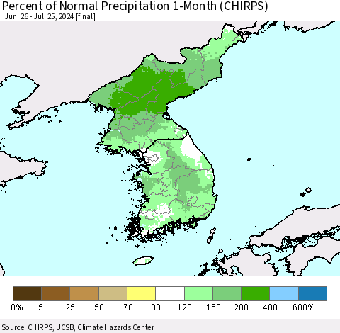 Korea Percent of Normal Precipitation 1-Month (CHIRPS) Thematic Map For 6/26/2024 - 7/25/2024