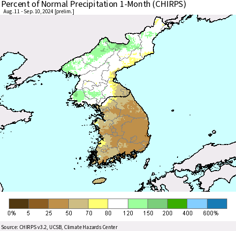 Korea Percent of Normal Precipitation 1-Month (CHIRPS) Thematic Map For 8/11/2024 - 9/10/2024