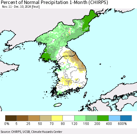 Korea Percent of Normal Precipitation 1-Month (CHIRPS) Thematic Map For 11/11/2024 - 12/10/2024
