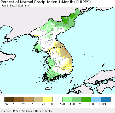 Korea Percent of Normal Precipitation 1-Month (CHIRPS) Thematic Map For 1/6/2025 - 2/5/2025