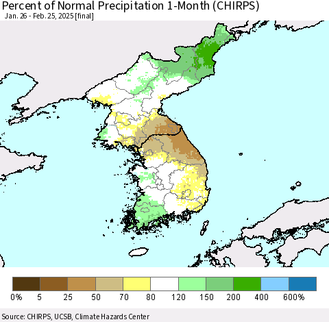 Korea Percent of Normal Precipitation 1-Month (CHIRPS) Thematic Map For 1/26/2025 - 2/25/2025