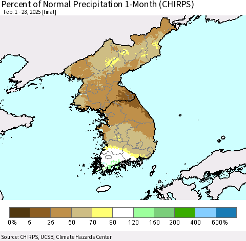 Korea Percent of Normal Precipitation 1-Month (CHIRPS) Thematic Map For 2/1/2025 - 2/28/2025