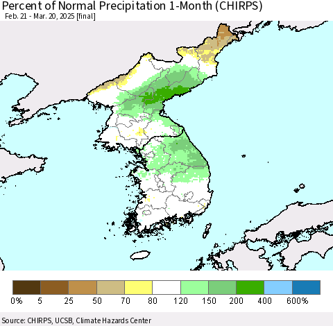 Korea Percent of Normal Precipitation 1-Month (CHIRPS) Thematic Map For 2/21/2025 - 3/20/2025
