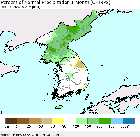 Korea Percent of Normal Precipitation 1-Month (CHIRPS) Thematic Map For 4/16/2025 - 5/15/2025