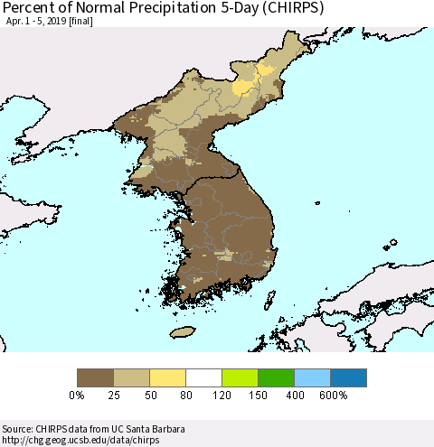Korea Percent of Normal Precipitation 5-Day (CHIRPS) Thematic Map For 4/1/2019 - 4/5/2019