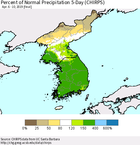 Korea Percent of Normal Precipitation 5-Day (CHIRPS) Thematic Map For 4/6/2019 - 4/10/2019