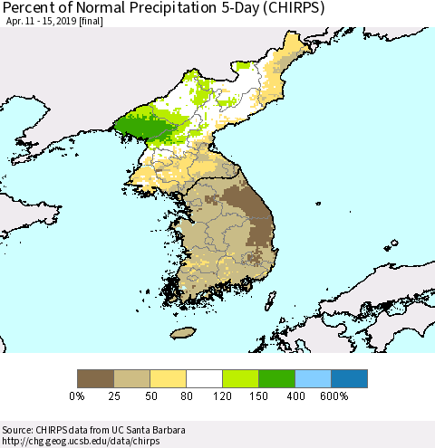 Korea Percent of Normal Precipitation 5-Day (CHIRPS) Thematic Map For 4/11/2019 - 4/15/2019