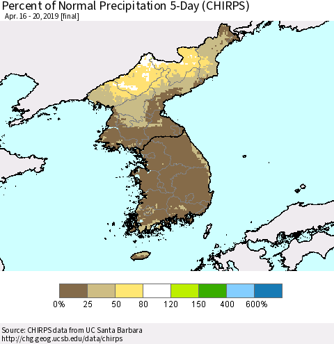 Korea Percent of Normal Precipitation 5-Day (CHIRPS) Thematic Map For 4/16/2019 - 4/20/2019