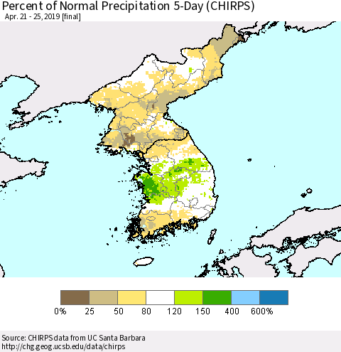 Korea Percent of Normal Precipitation 5-Day (CHIRPS) Thematic Map For 4/21/2019 - 4/25/2019