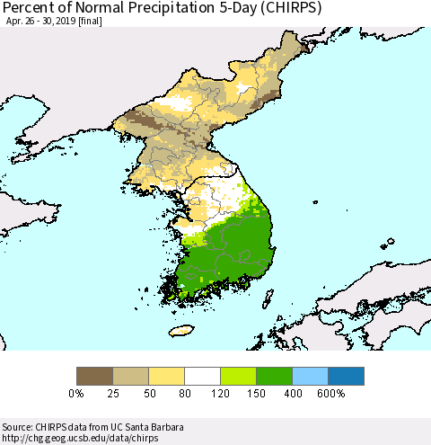 Korea Percent of Normal Precipitation 5-Day (CHIRPS) Thematic Map For 4/26/2019 - 4/30/2019