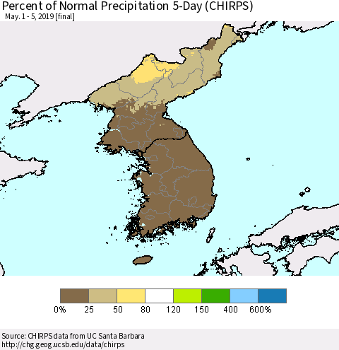 Korea Percent of Normal Precipitation 5-Day (CHIRPS) Thematic Map For 5/1/2019 - 5/5/2019