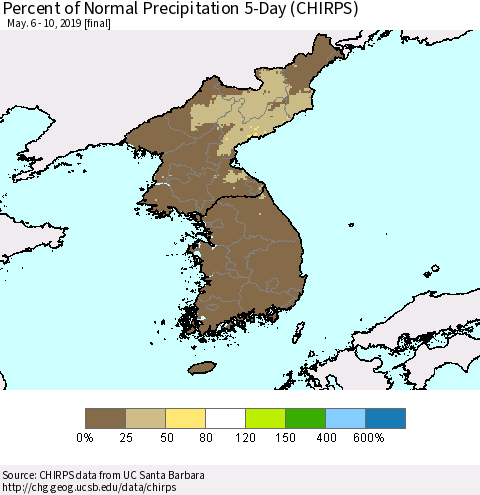 Korea Percent of Normal Precipitation 5-Day (CHIRPS) Thematic Map For 5/6/2019 - 5/10/2019