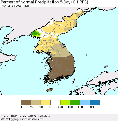 Korea Percent of Normal Precipitation 5-Day (CHIRPS) Thematic Map For 5/11/2019 - 5/15/2019