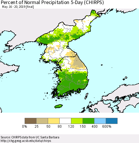 Korea Percent of Normal Precipitation 5-Day (CHIRPS) Thematic Map For 5/16/2019 - 5/20/2019