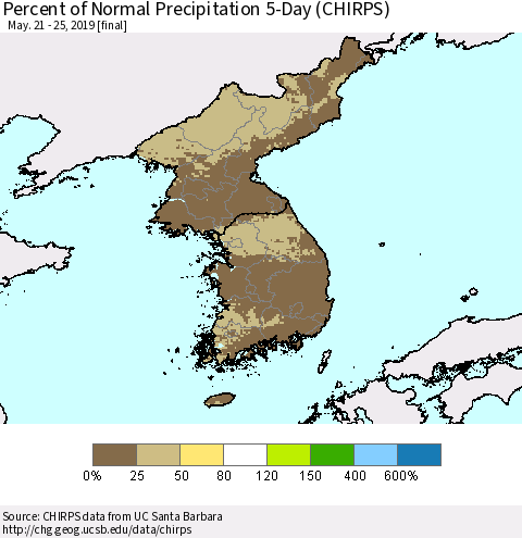 Korea Percent of Normal Precipitation 5-Day (CHIRPS) Thematic Map For 5/21/2019 - 5/25/2019