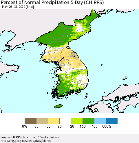 Korea Percent of Normal Precipitation 5-Day (CHIRPS) Thematic Map For 5/26/2019 - 5/31/2019