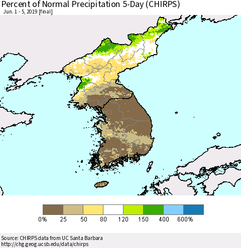 Korea Percent of Normal Precipitation 5-Day (CHIRPS) Thematic Map For 6/1/2019 - 6/5/2019