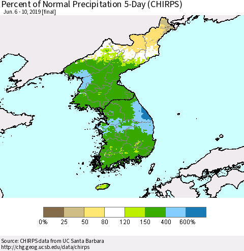 Korea Percent of Normal Precipitation 5-Day (CHIRPS) Thematic Map For 6/6/2019 - 6/10/2019