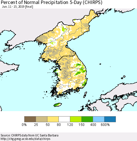 Korea Percent of Normal Precipitation 5-Day (CHIRPS) Thematic Map For 6/11/2019 - 6/15/2019