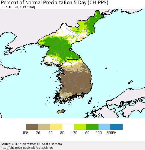 Korea Percent of Normal Precipitation 5-Day (CHIRPS) Thematic Map For 6/16/2019 - 6/20/2019