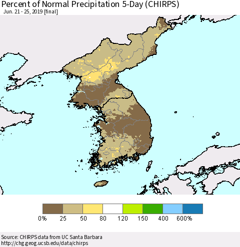 Korea Percent of Normal Precipitation 5-Day (CHIRPS) Thematic Map For 6/21/2019 - 6/25/2019
