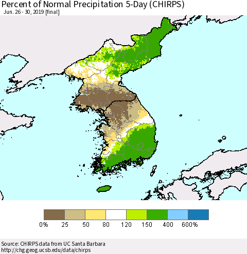 Korea Percent of Normal Precipitation 5-Day (CHIRPS) Thematic Map For 6/26/2019 - 6/30/2019