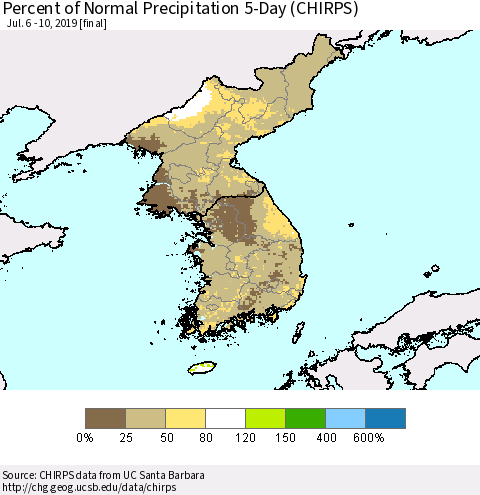 Korea Percent of Normal Precipitation 5-Day (CHIRPS) Thematic Map For 7/6/2019 - 7/10/2019